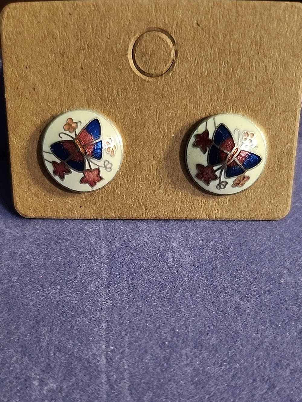 Vintage Cloissine Like Butterfly Enamel Stud Earrings - Blue & Red